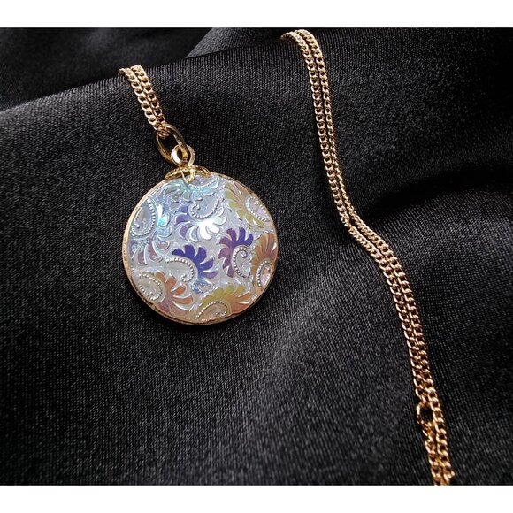 Vintage Gold-Tone Necklace With Iridescent Embossed Round Pendant - Picture 1 of 5